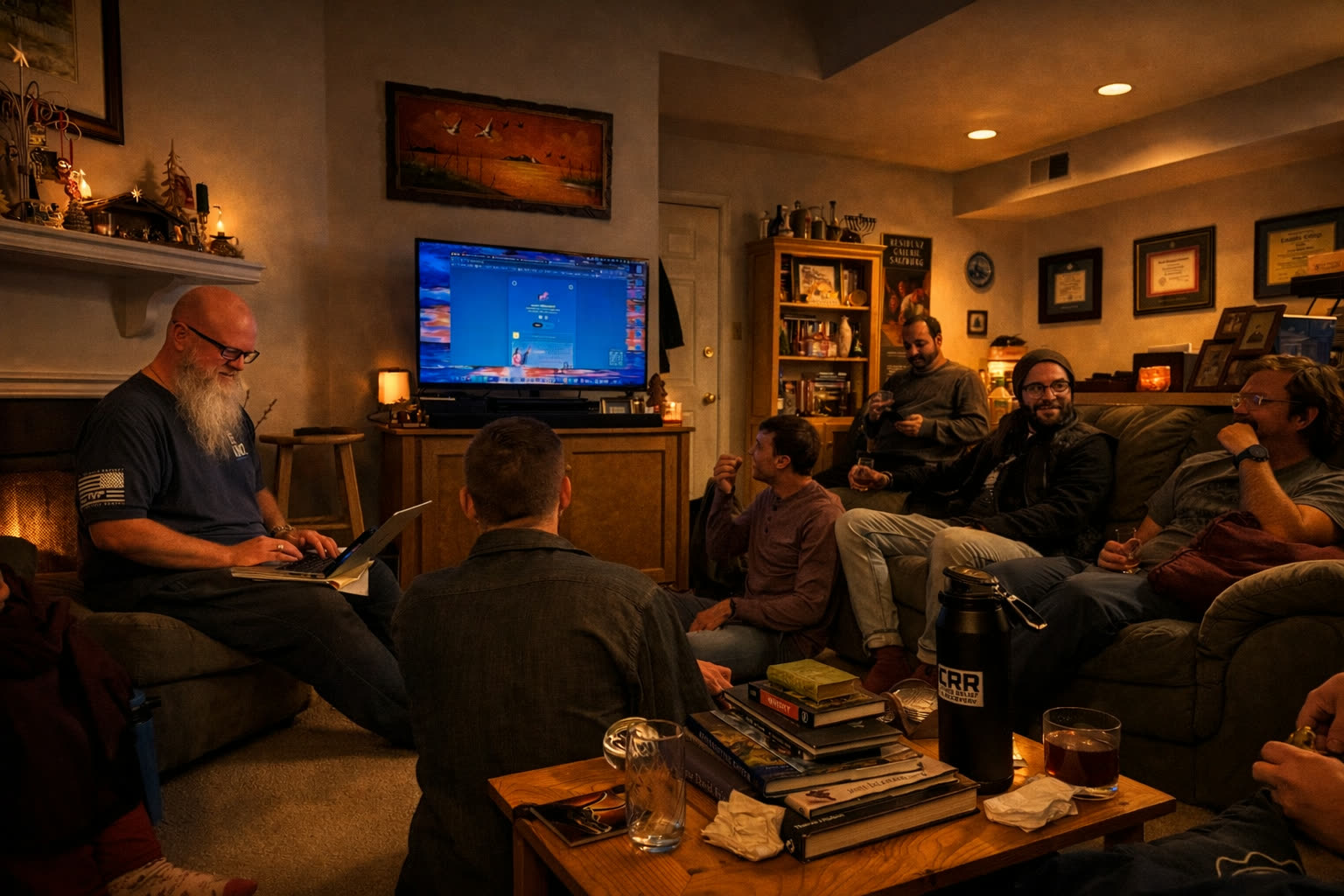 Friends gathered around the table for Wings, Whiskey and the Word